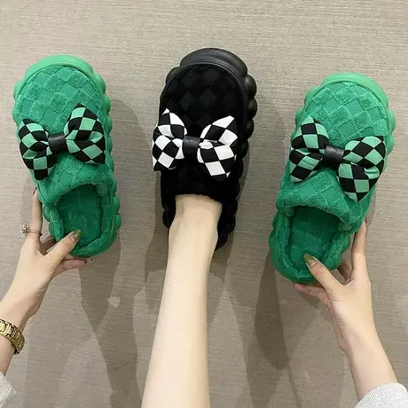 时尚格子蝴蝶结棉拖鞋女冬季毛绒踩屎感EVA厚底防滑室内居家拖鞋商品大图