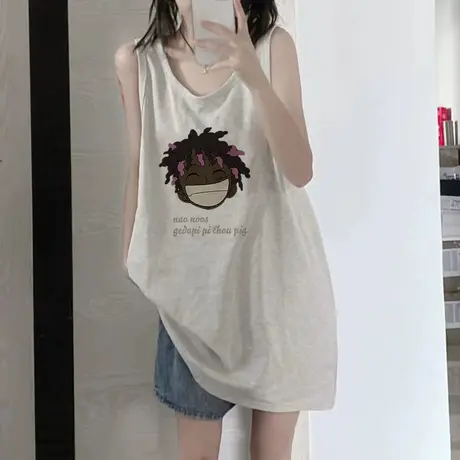 纯棉吊带运动坎肩背心无袖t恤女夏季外穿篮球服宽松港风挂脖上衣商品大图
