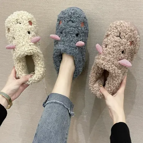 可爱卡通小羊居家用棉拖鞋女秋冬室内保暖防滑外穿毛毛绒拖鞋秋冬商品大图