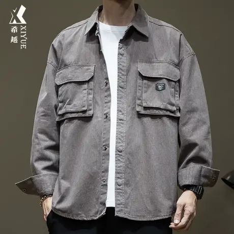 希越重磅精梳棉仿牛仔衬衫男2024春秋款宽松大码男士翻领衬衣外套图片