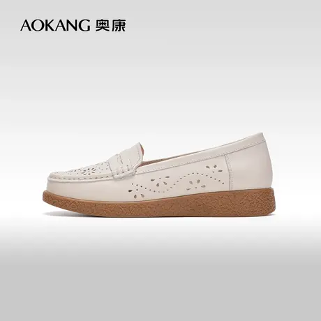 【门店发货】奥康女鞋春夏季真皮镂空皮鞋透气低跟中老年舒适单鞋商品大图