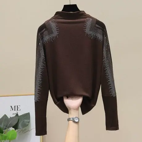 欧洲站2023秋装新款露肩烫钻T恤女长袖洋气黑色莫代尔打底衫内搭商品大图