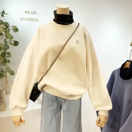 丝绒半高领卫衣女秋冬韩国东大门纯色百搭休闲加厚保暖卫衣欧洲站商品大图