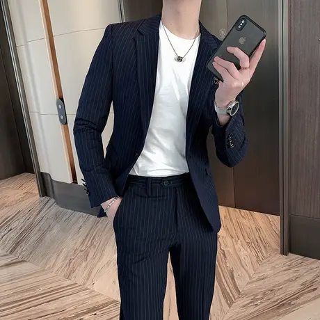 ins痞帅修身条纹小西装男套装高级感气质商务休闲西服炸街外套潮商品大图