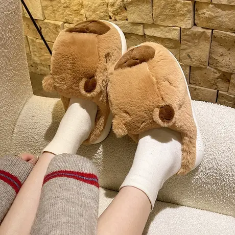 可爱卡皮巴拉棉拖鞋女冬季外穿厚底室内家居防滑保暖毛绒包头拖鞋图片