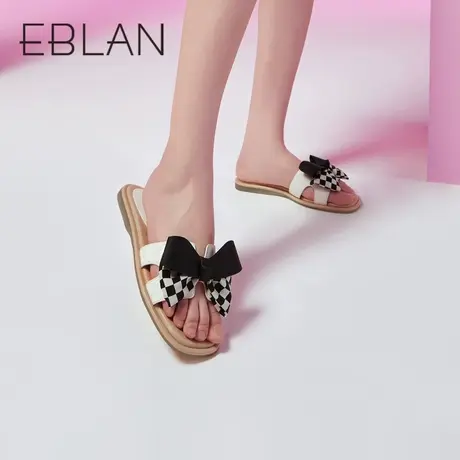 伊伴春夏新款女鞋蝴蝶结拖鞋外穿沙滩休闲一脚蹬舒适柔软牛皮凉鞋商品大图