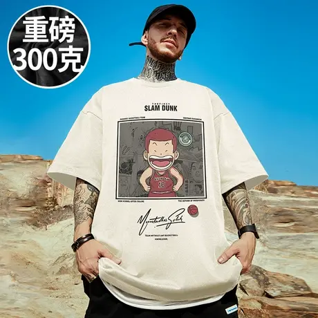 100%纯棉300g重磅潮牌宽松日系T恤短袖五分袖情侣加肥加大码男装商品大图