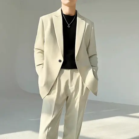 明星刘宇宁同款西服男春夏薄款2025休闲风松驰感宽松垂感西装一套图片