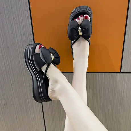 软底一字带沙滩凉拖鞋女外夏季时尚蝴蝶结仙女风增高松糕厚底拖鞋商品大图