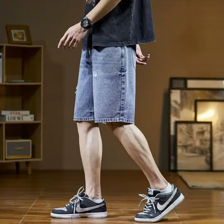 唐狮破洞潮牌时尚直筒五分中裤复古春夏季牛仔短裤男薄款宽松图片