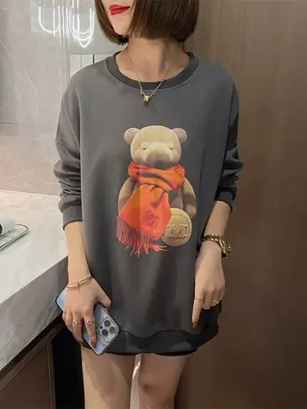 2023早秋新款圆领围巾熊印花宽松灰色卫衣女美式复古时尚上衣外套商品大图