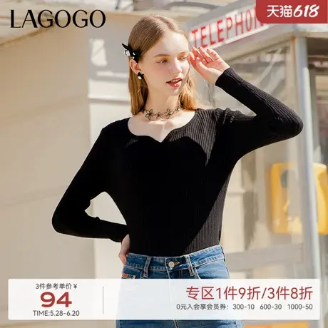 LAGOGO黑色v领简约针织衫女拉谷谷秋冬新款长袖设计感打底衫上衣商品大图