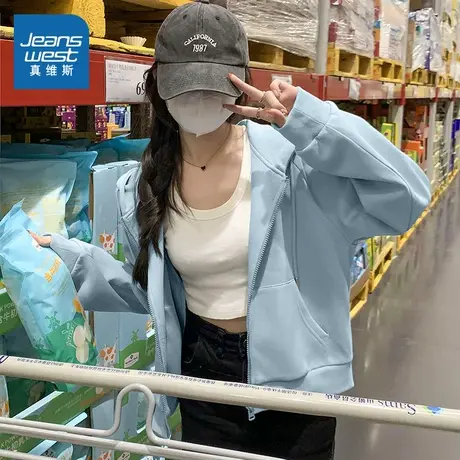 NOB真维斯雾霾蓝高级感卫衣女2025春薄款青少年拉链短款连帽开衫商品大图