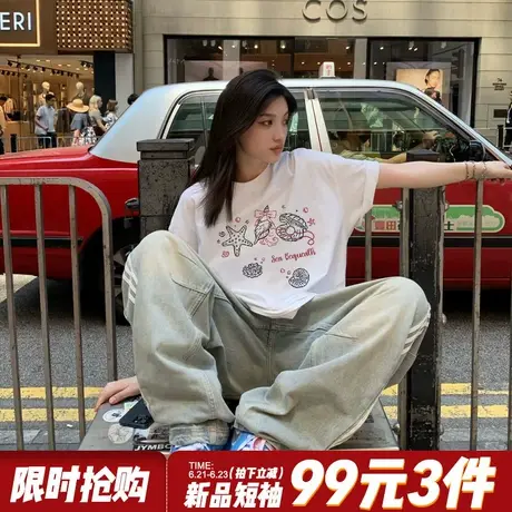 美式街头风重磅纯棉白色短袖t恤女2025夏季新款宽松显瘦正肩上衣图片