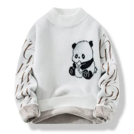 国潮毛衣男2023秋冬季加厚水貂绒青少年学生潮流提花大熊猫针织衫商品大图