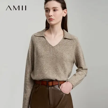 Amii2025秋新款极简纯色V领翻领宽松套头长袖含羊毛绒感毛衣女图片