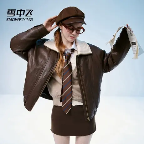 雪中飞皮衣外套女2025冬季新款美式复古咖色机车撞色针织翻领上衣商品大图