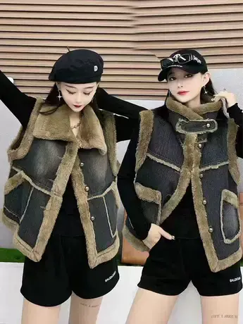 2023秋冬加绒牛仔马甲女韩版宽松仿兔绒加厚坎肩棉背心百搭短外套图片