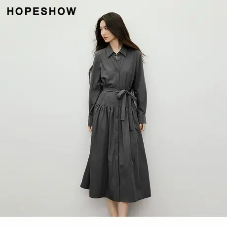 红袖2025秋季新款女装 捏褶拼接系带单排扣翻领衬衫连衣裙商品大图