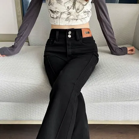 复古黑色牛仔裤女2025秋季新款高腰显瘦修身马蹄直筒拖地微喇叭裤商品大图