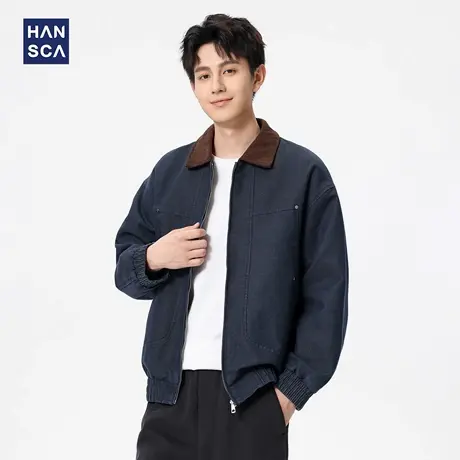 hansca秋季复古夹克男2025新款高端行政宽松撞色翻领铆钉休闲外套图片