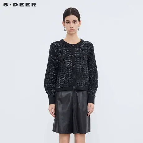 sdeer圣迪奥冬季女装小香风圆领撞色格纹针织衫S23483510商品大图