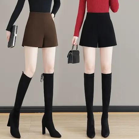 配靴子毛呢短裤女秋冬季2023新款高腰阔腿西装a字裤修身外穿靴裤图片