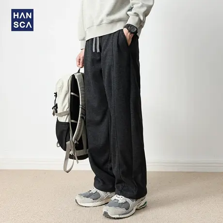 hansca370g绵羊毛复古直筒休闲裤男秋季新款宽松压褶垂感抽绳长裤商品大图