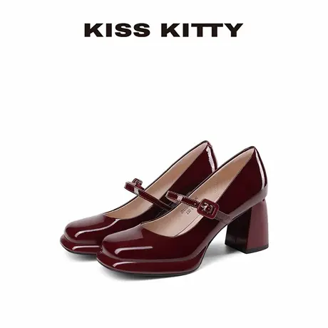 【呼呼专享】KISSKITTY红色单鞋女2025夏季新款浅口粗跟玛丽珍鞋商品大图