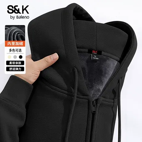 班尼路SK系列黑色开衫夹克男款冬季加绒保暖外套男士重磅连帽卫衣图片