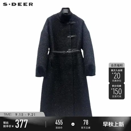 sdeer圣迪奥冬季女装复古立领收腰碎褶长款毛呢大衣S224Z25B2商品大图
