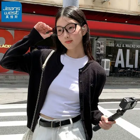 KHV真维斯黑色圆领针织开衫外套女2025秋季新款青少年可外穿毛衣商品大图
