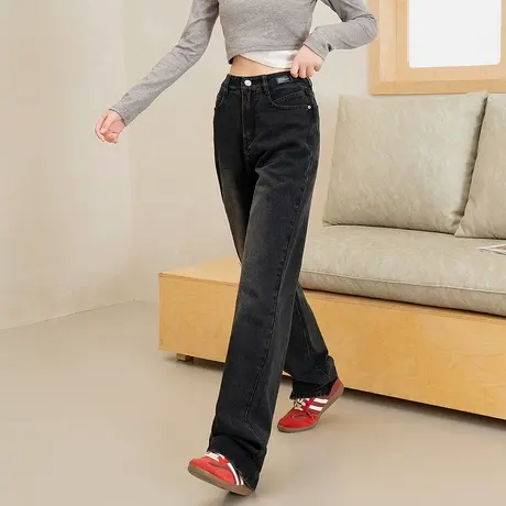 唐狮春季新款高腰牛仔裤女宽松显瘦阔腿裤潮流拖地深色裤子女TD图片