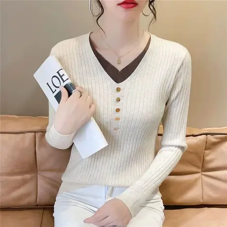 假两件修身v领针织打底衫女2023秋季新款时尚洋气内搭长袖上衣女商品大图