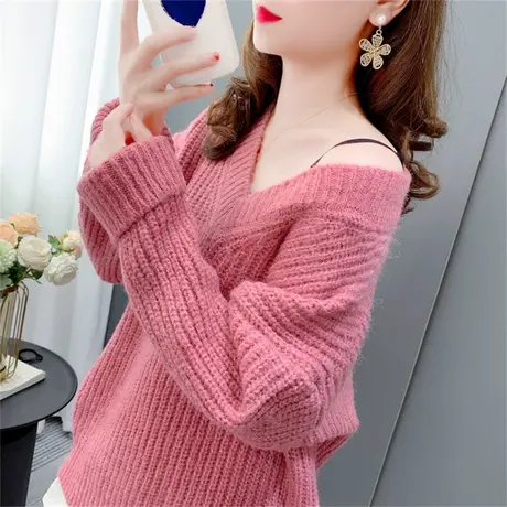 宽松慵懒风V领套头毛衣女秋冬2022新款韩版百搭长袖内搭上衣加厚商品大图
