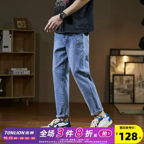 唐狮23春季新款牛仔裤男宽松侧边织标锥形小直筒长裤潮酷百搭图片