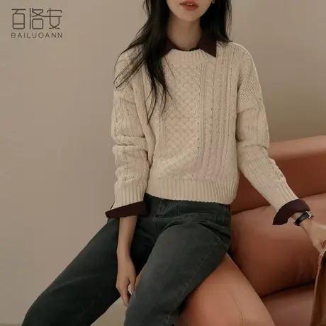 百洛安慵懒风加厚麻花毛衣女秋新款设计感小众百搭短款套头针织衫图片