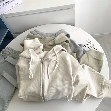 拉链开衫卫衣女2023秋季新款宽松显瘦百搭华夫格学生连帽外套上衣商品大图