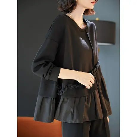 宝诗黎圆领拼接棉质宽松卫衣女秋冬长袖设计感休闲上衣2023年新款图片