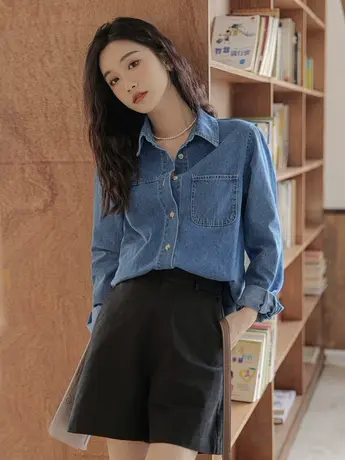 牛仔衬衫女宽松春秋百搭设计感小众长袖衬衣港味复古叠穿内搭外套商品大图