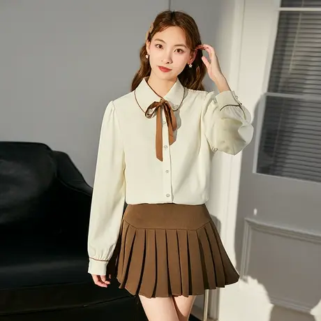 唐狮2022秋新款女娃娃领系蝴蝶结飘带长袖衬衫甜美少女衬衣温柔DY商品大图