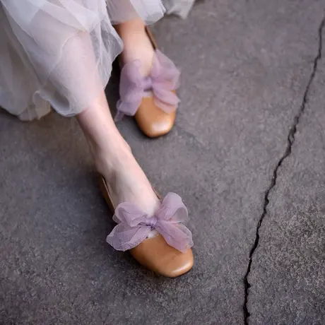 Artmu阿木原创森系浅口方头蝴蝶结单鞋女蕾丝平底豆豆鞋2023新款商品大图