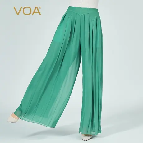 VOA乔其纱桑蚕丝绿色褶皱口袋百搭清爽透气双层面料宽松阔腿裤商品大图