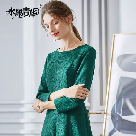 【1件7.9折】冬装新品女装优雅修身A字裙简约收腰复合蕾丝连衣裙商品大图