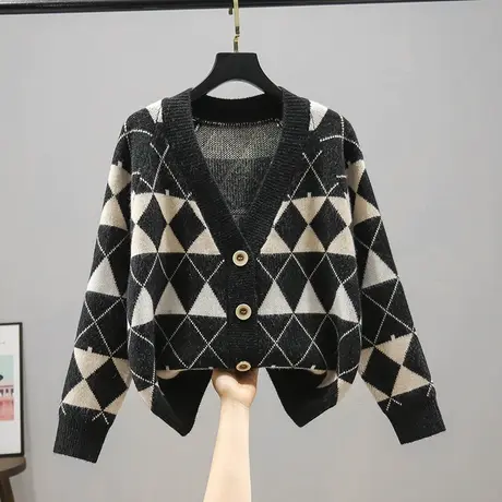 开衫女2023春秋春装长袖菱形针织衫外套女士百搭春秋V领毛衣上衣商品大图