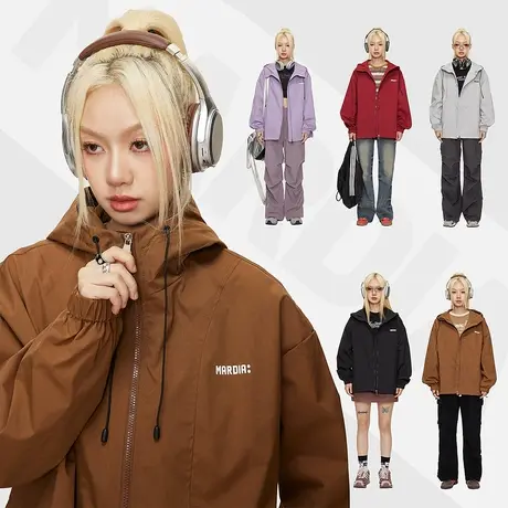 美式复古连帽外套女春秋2023新款爆款情侣装运动夹克宽松百搭上衣商品大图