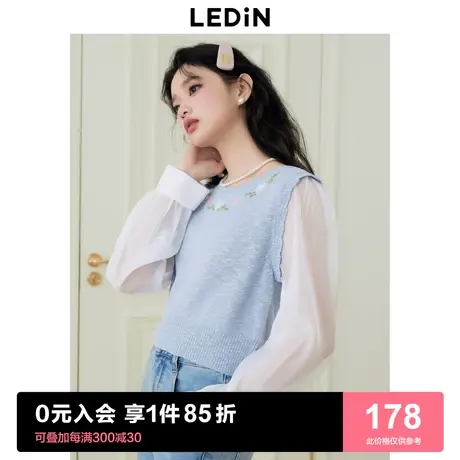 乐町甜美针织拼接短上衣女2023春夏新款清新设计感针织拼接雪纺衫图片
