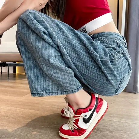 窄版阔腿牛仔裤女2024年新款小个子高腰春秋款条纹显瘦直筒拖地裤商品大图