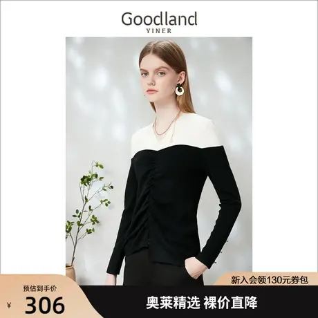 【新年系列】音儿美地女装2023春季新款V领不对称撞色针织衫套头商品大图