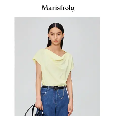 【棉感花香面料】玛丝菲尔夏新款荡领立体黄色T恤女商品大图